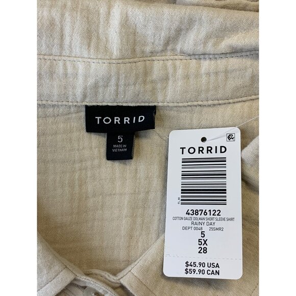 Torrid Plus 5 5X Cotton Gauze Dolman Short Sleeve Shirt Button Down Beige New - Picture 6 of 8